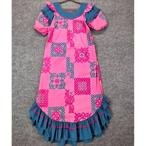 Vintage MAMO HOWELL Hawaiian Aloha Tropical Maxi Muumuu Dress Ruffles Pockets 12 - Picture 1 of 13